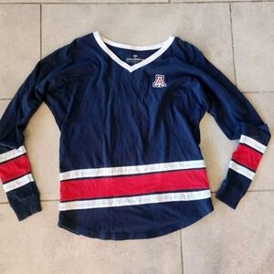 Navy Long Sleeve Shirt with Red and White Stripes